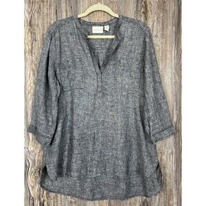 Chico's Grey Linen Popover High Low Blouse 3/4 Sleeve 2/Large Coastal Resort